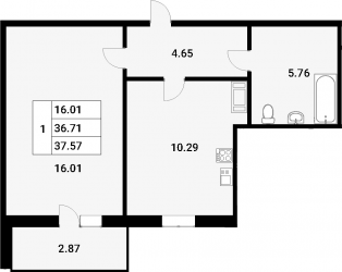 Однокомнатная квартира 39.58 м²