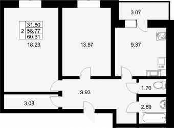 Двухкомнатная квартира 61.84 м²
