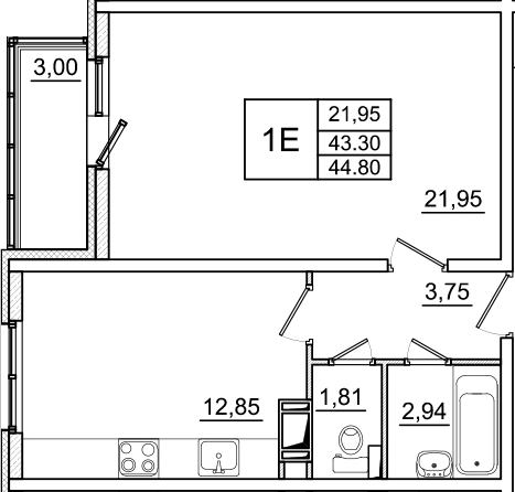 Однокомнатная квартира 46.3 м²