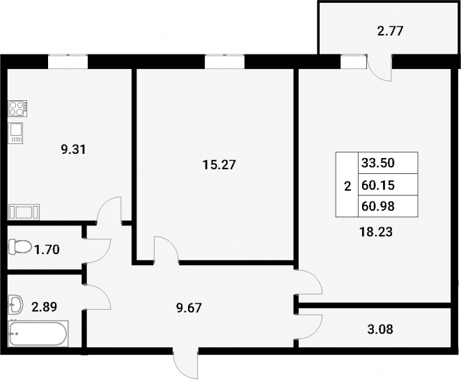 Двухкомнатная квартира 62.92 м²