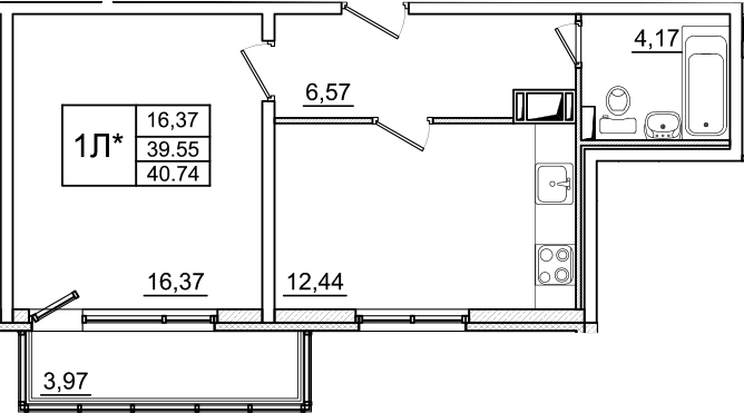 Однокомнатная квартира 43.52 м²
