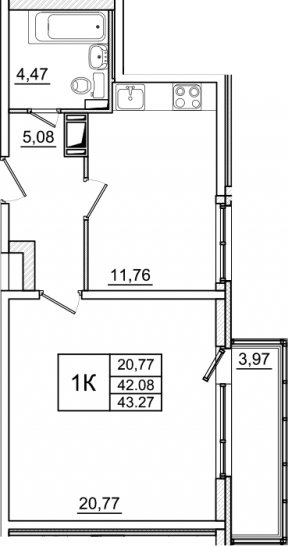 Однокомнатная квартира 46.05 м²