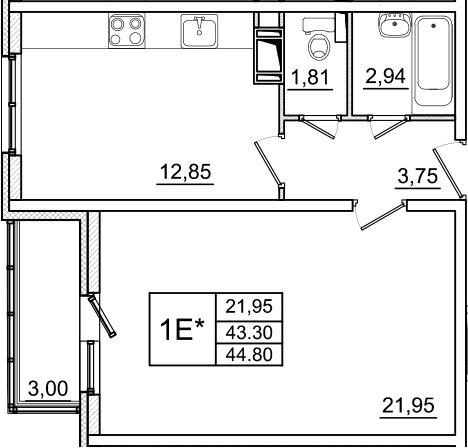Однокомнатная квартира 46.3 м²