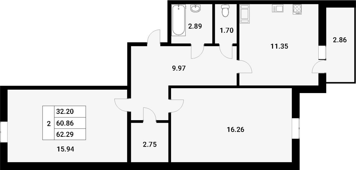 Двухкомнатная квартира 63.72 м²