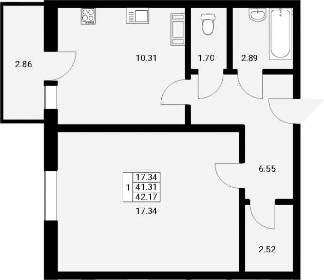 Однокомнатная квартира 44.17 м²