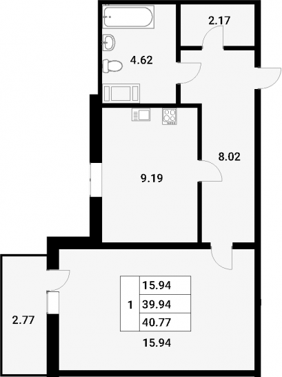Однокомнатная квартира 42.71 м²