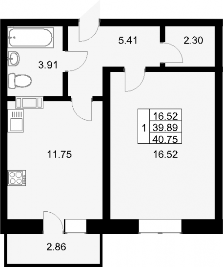 Однокомнатная квартира 42.75 м²