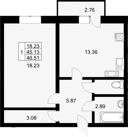 Однокомнатная квартира 47.89 м²